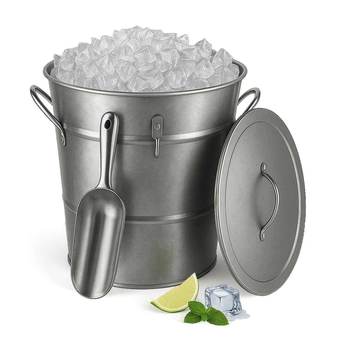 Insulated Ice Bucket with Lid Scoop for Parties Cocktail Bar, 4L Round Mental Champagne Drink Wine Bucket with Handle for Drinks