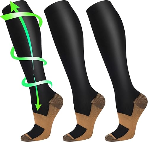 Iseasoo 3 pares de calcetines de compresión de cobre para mujeres y hombres, lo mejor para correr, enfermería, senderismo, vuelo y viajes