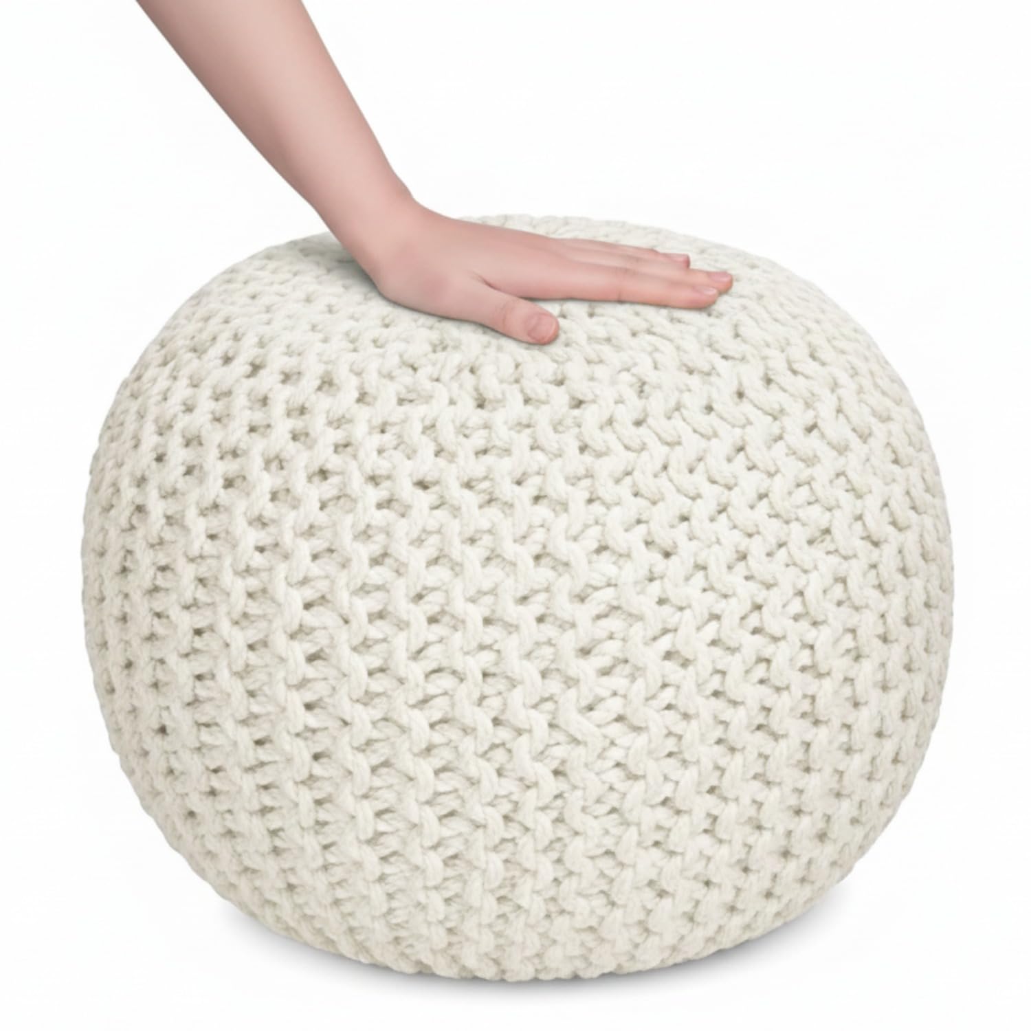 Sapphire Collection Handmade Chunky Knitted Pouffe Footstool – Large Round Ottoman in 100% Cotton for Living Room, Foot Rest & Occasional Seating (Natural)