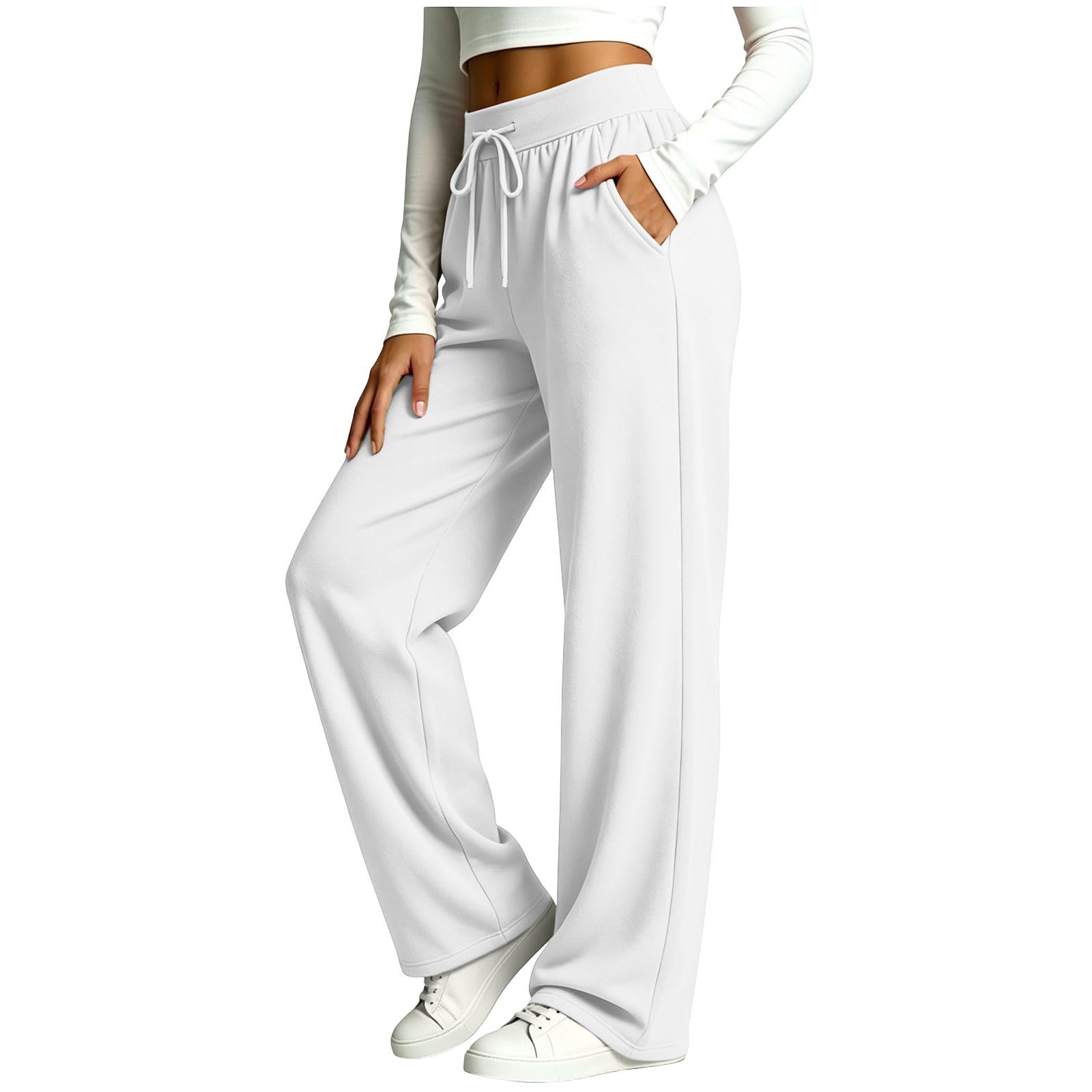 Generico Pantaloni Sportivi Donna Pantloni Cotone con Elastico in Vita Morbidi Pantaloni da Corsa con Tasche a Gamba Dritta Pant Baggy Tinta Unita Pantalone Larghi a Vita Alta per Yoga e Fitness