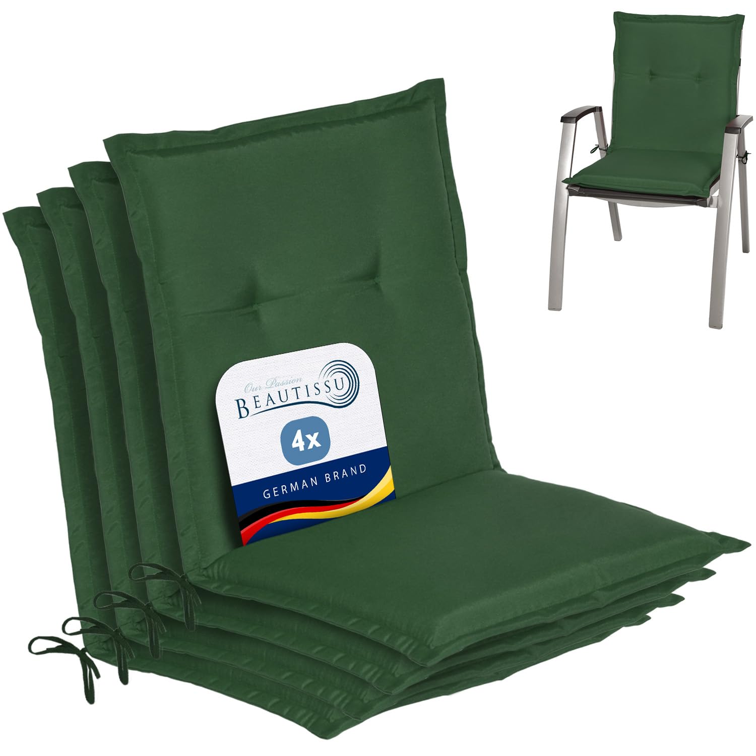 Beautissu Set de 4 Cojines sillas Jardin con Respaldo bajo para Exterior | 100x50x6cm Verde Oscuro placas compactas de gomaespuma tumbonas mecedoras de balcón asiento relleno espuma cojin Loft NL