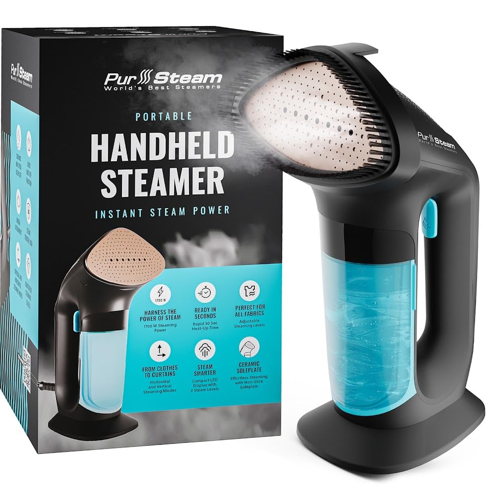 Vaporizador portátil para ropa PurSteam SteamPulse Pro, plancha de vapor portátil para ropa y tejidos, plancha de vapor para viajes, removedor de arrugas con cepillo para telas.