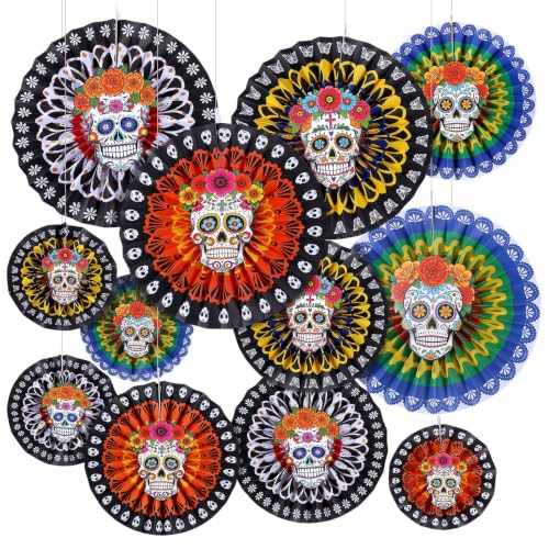 Image of Affrolling 24 Pcs / 12 Set Day of the Dead Party Decorations-Sugar Skull Hanging Paper Fans, Fiesta Party Flowers Fans for Dia De Los Muertos Mexican Carnivals Festivals Holiday