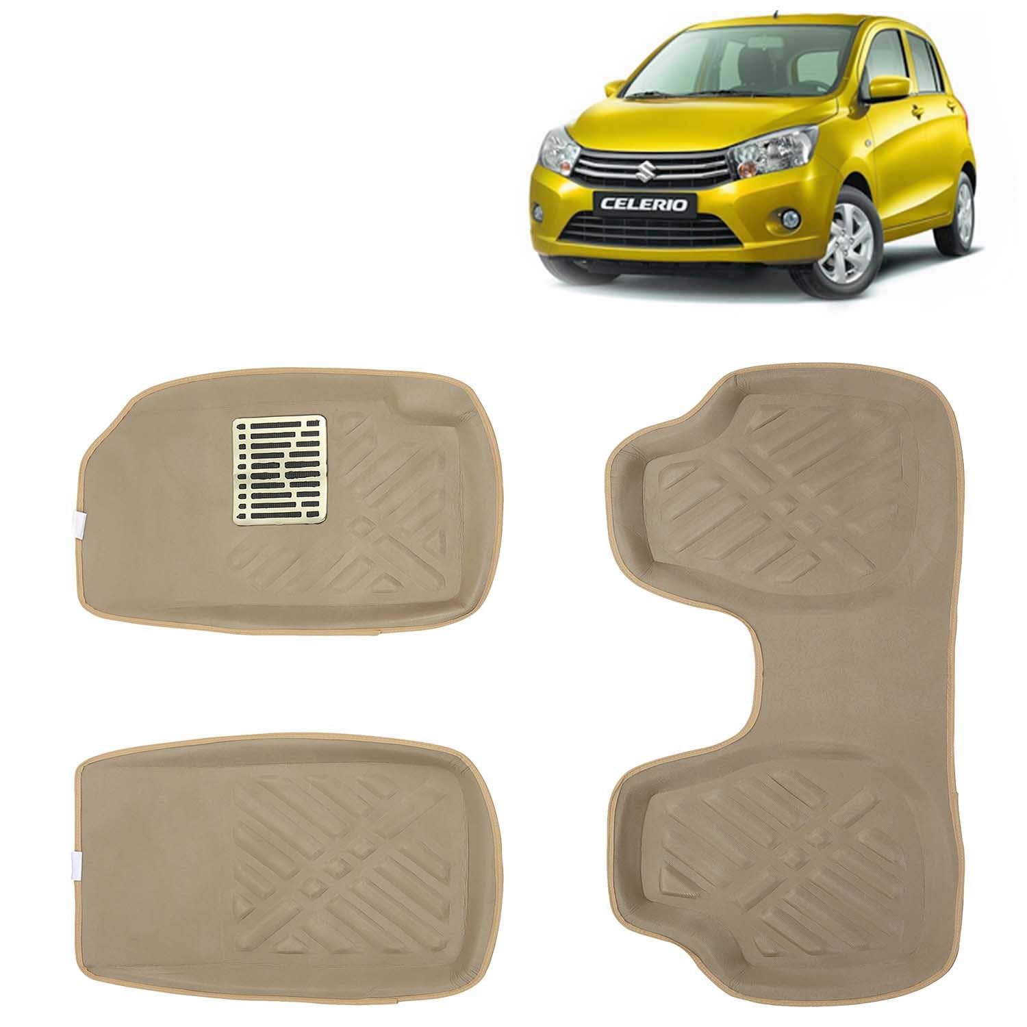 KINGSWAY® 4D Car Floor Foot Mats Compatible with Maruti Suzuki Celerio (Year 2014-2021) - Complete Set of 3 Pieces, Top-Notch PVC Material, Washable, Beige