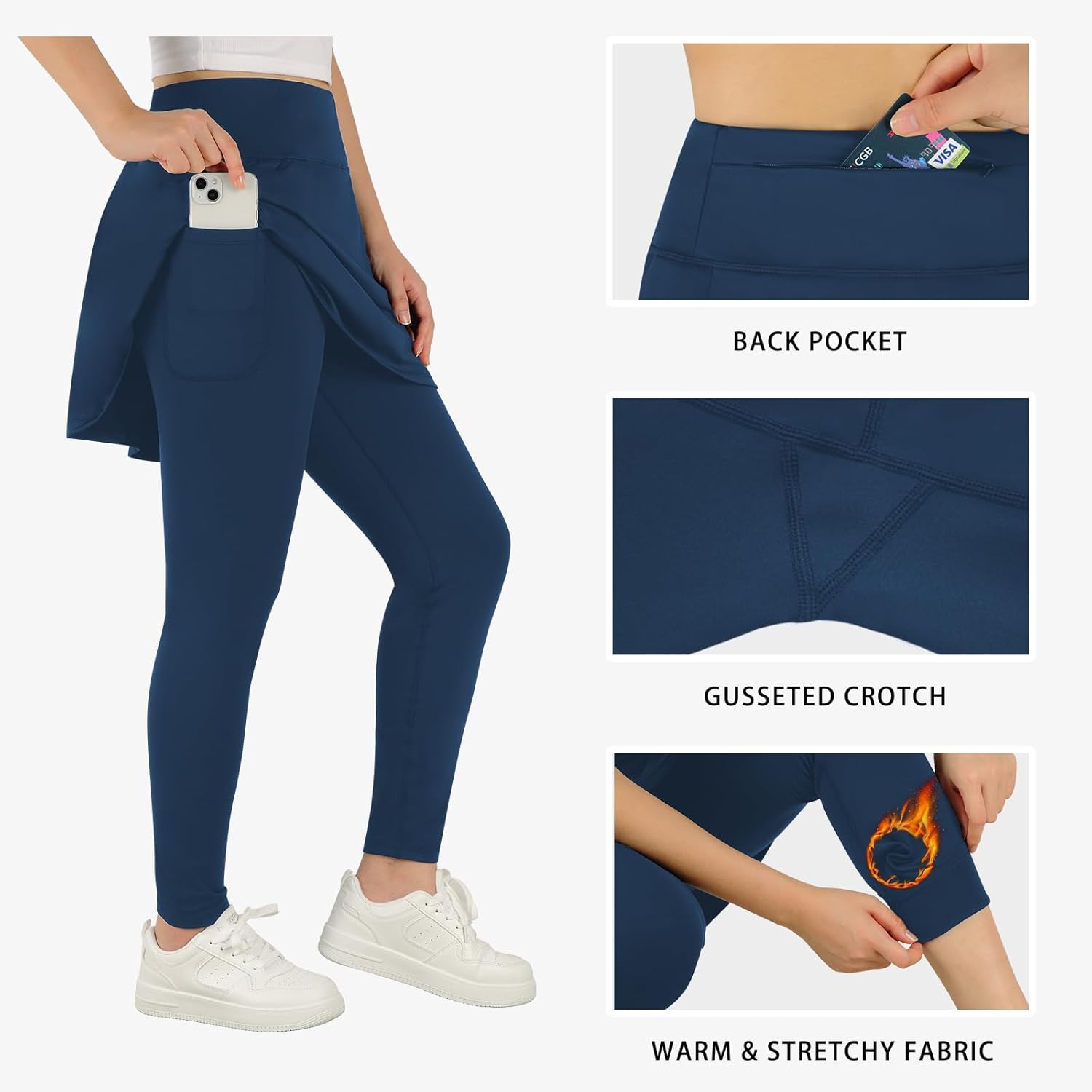 ANIVIVO Women's Knee Length Fleece Lined Leggings with Skirt, Winter Warm Skirted Leggings for Women Zipper Pockets - Image 6