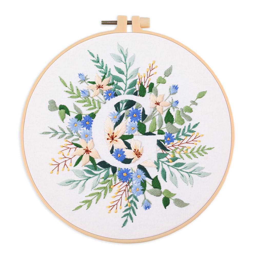 Meecaa Flower Leaves Plant G English Letters Embroidery Kit Starter Set, Hand Embroidery Set,Pattern Printed Cross Stitch Set for Beginner Adults, with Embroidery Hoop and Instructions (Letter G)