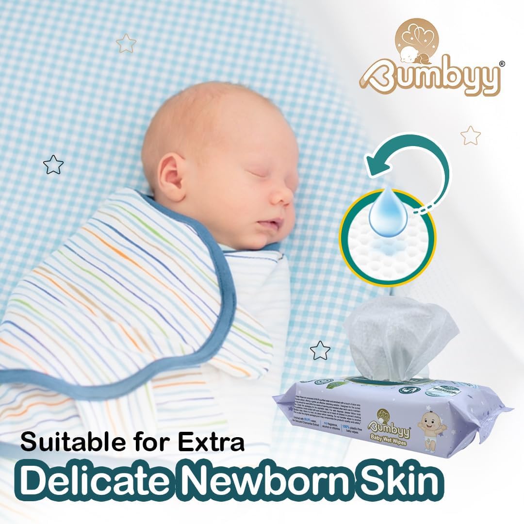Lot de 12 lingettes humides biodégradables pour bébé, 99,9 % à base d'eau, non parfumées à l'aloe vera et à l'extrait de camomille, 100 % à base de plantes, sans alcool et sans chlore