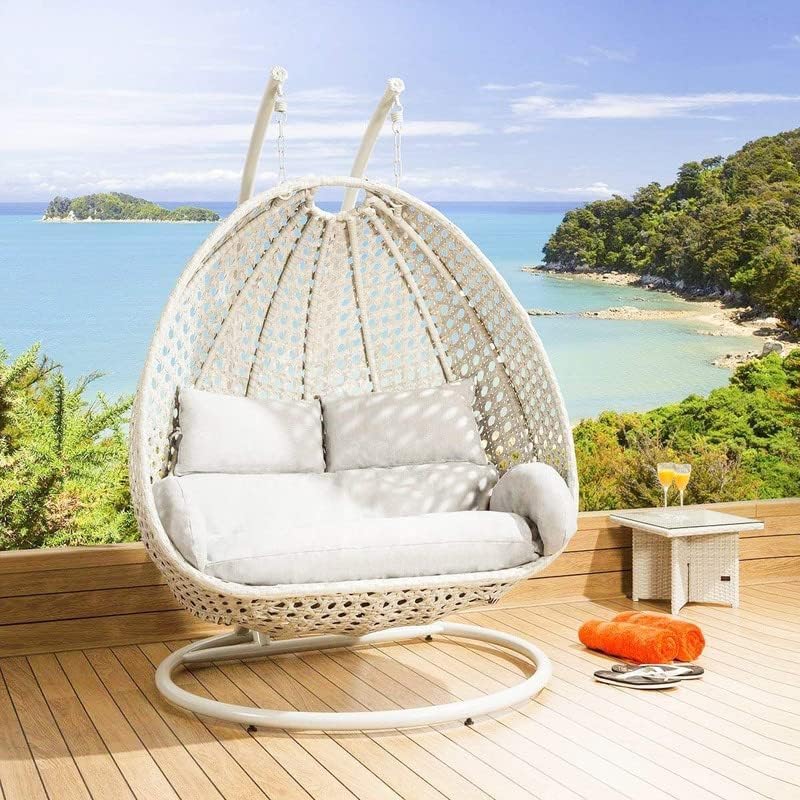 Image of Double Seater Hammock Swing Chair with Stand & Cushion | Heavy Duty Powder Coated Steel Frame | Outdoor Indoor Hanging Swing for Patio Balcony Garden Terrace Living Room (White-White)