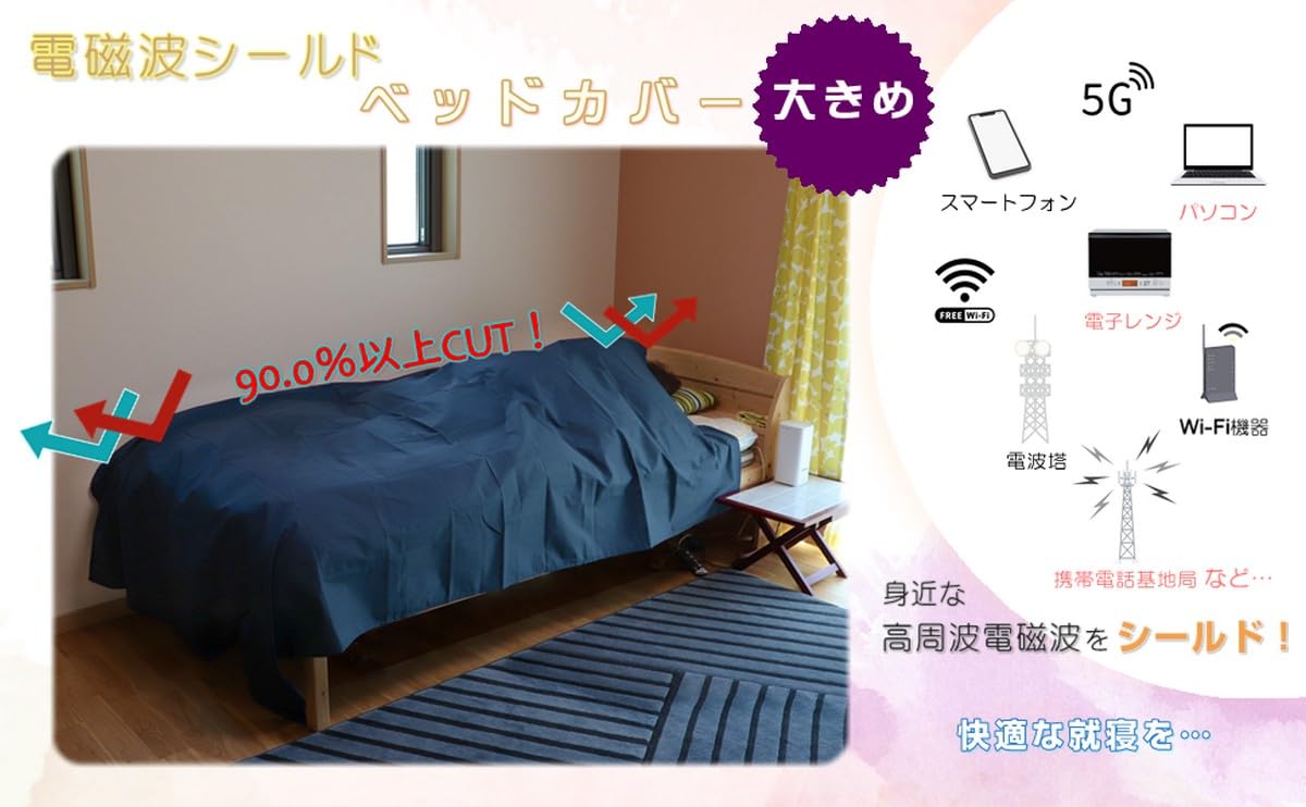 電磁波遮断カット　金属繊維入りベッドカバー　 　 ネイビーブルー Amazon | 電磁波防止 電磁波対策 遮断 ブロック カット ＊電磁波