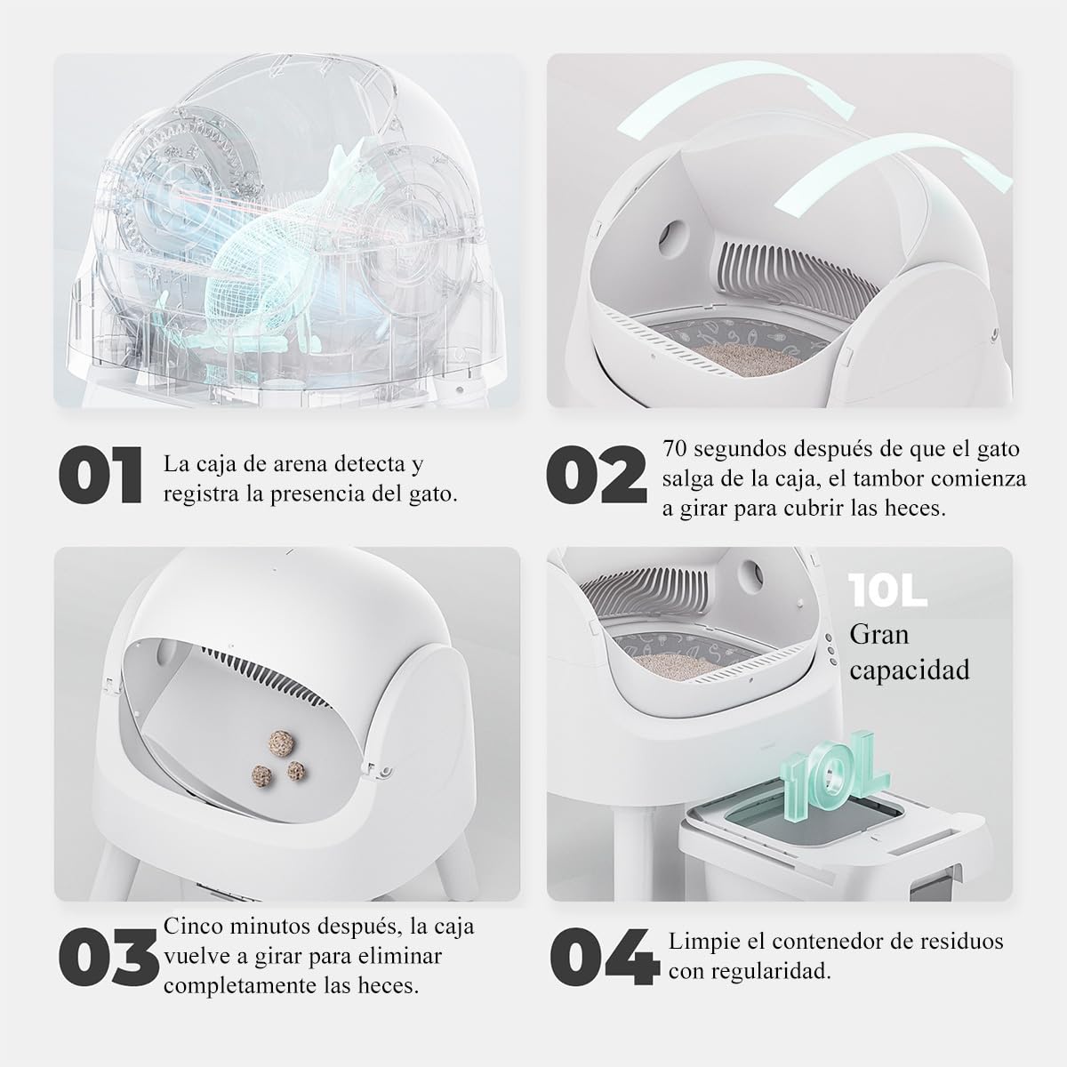 PetPivot Arenero Autolimpiable con Diseño Abierto y Gran Capacidad, Modos Automáticos y Manuales, Limpieza Rápida y Fácil de Palear, Ideal para Hogares con Varios Gatos