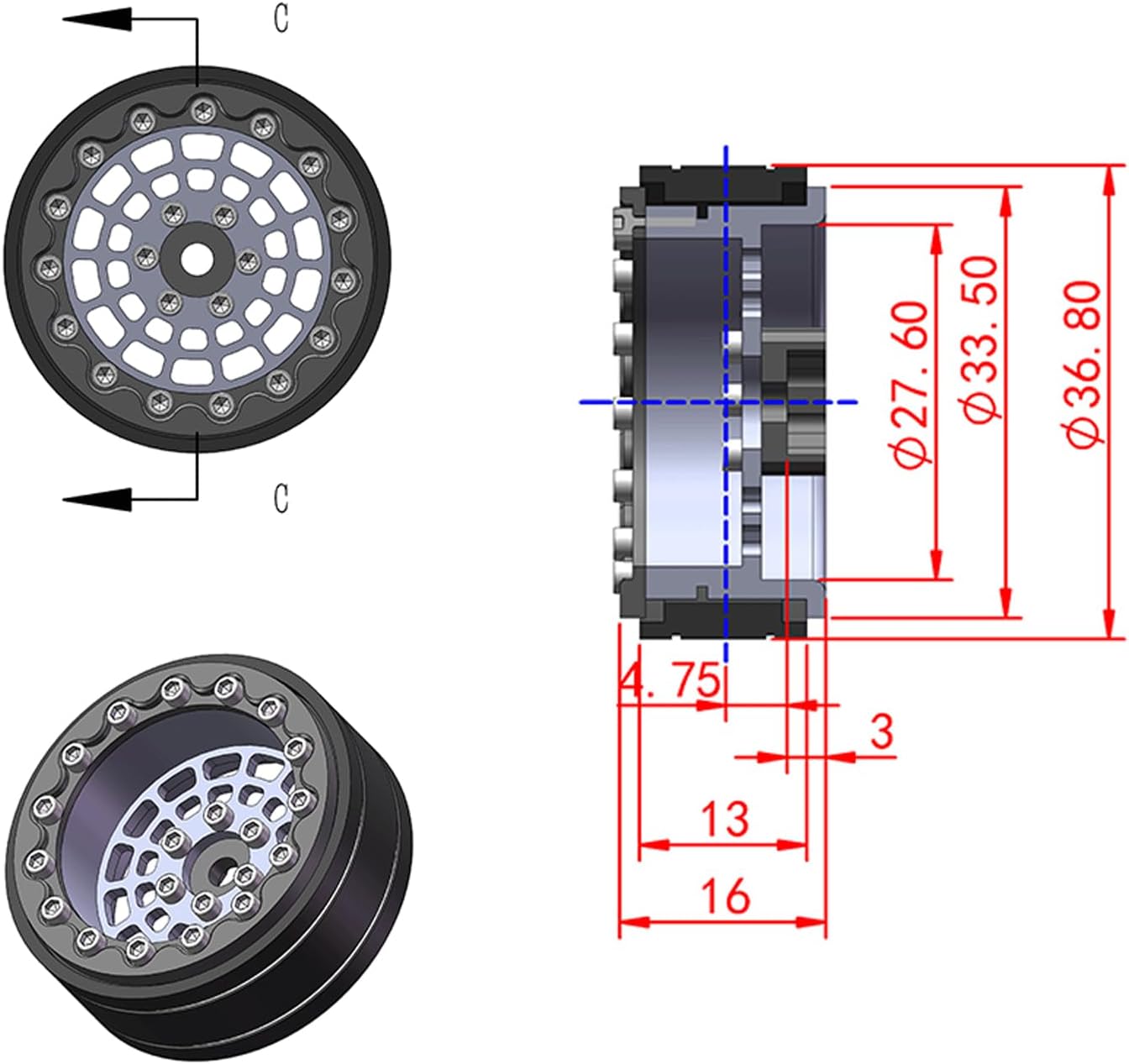 4PCS Splash Anodizing Aluminum 1.3 Inch Wheels Hubs for 1/24 Axial SCX24 FCX24 1/18 TRX4M Redcat Ascent-18 HPI Venture18 RC Crawler Upgrade Parts