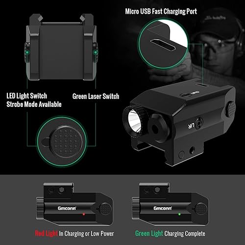 Miniatura 5 de Gmconn Pistola de luz láser verde y roja, linterna de pistola con modo estroboscópico, láser verde y rojo para pistola, linterna táctica compacta de