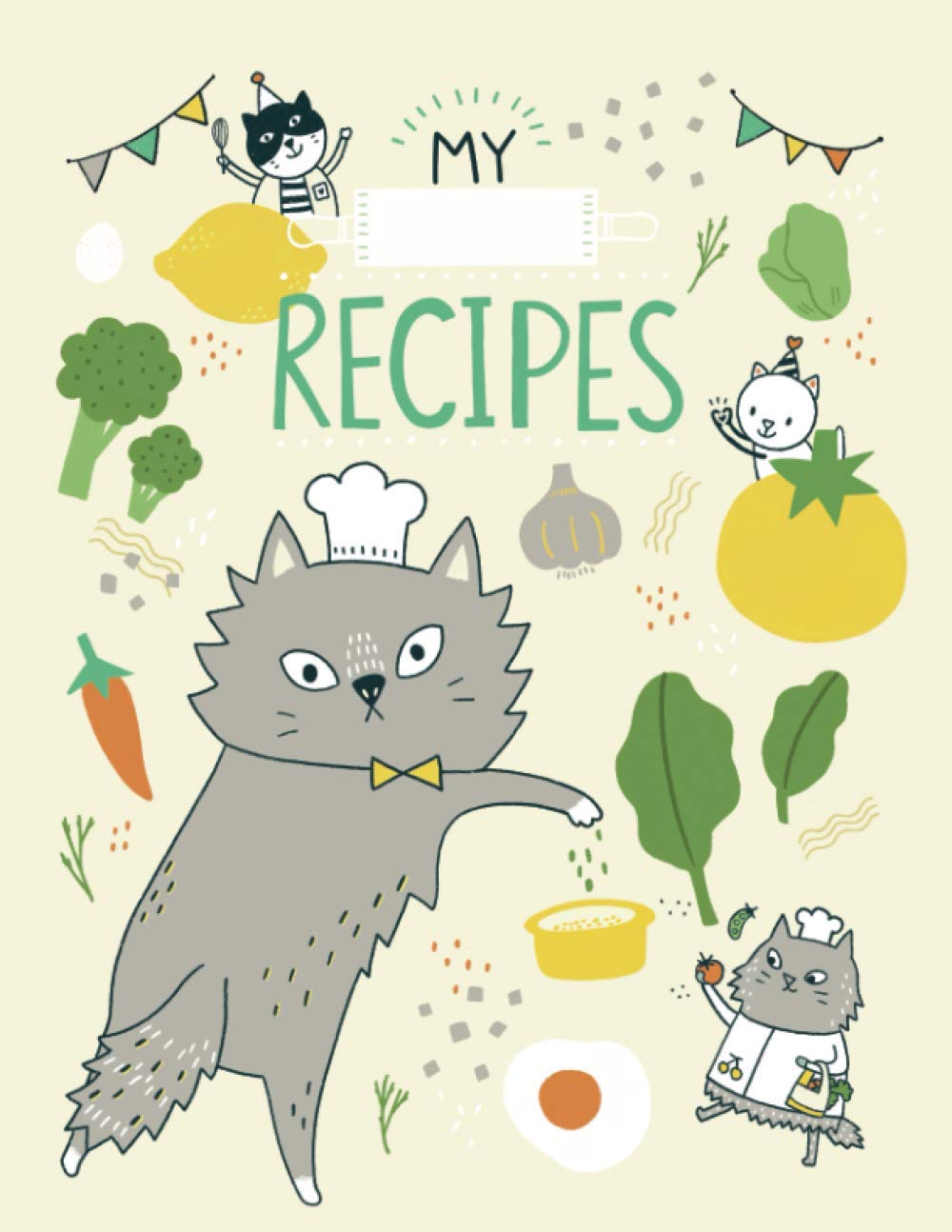 MY RECIPES NOTEBOOK with Cat Theme (beige book cover): 8.5 x 11 inches BIG SIZE recipe book, cooking journal to write in (MY RECIPES BOOK with CUTE