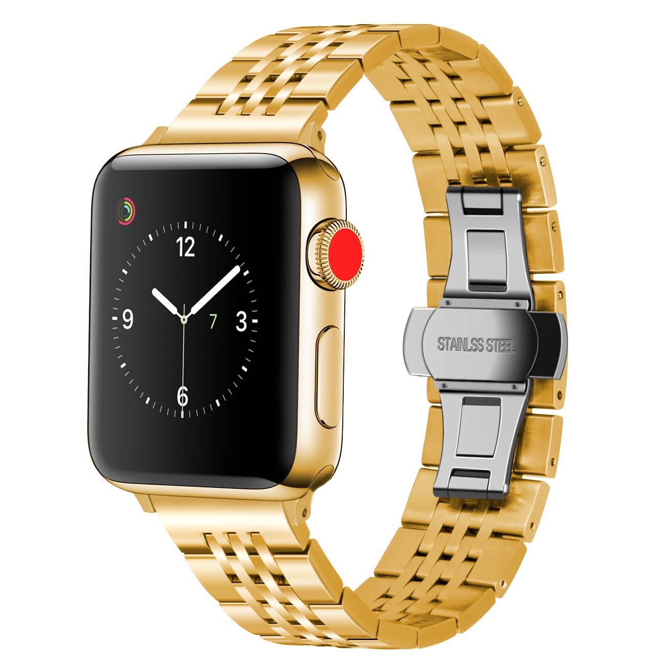 YISIWERAGlossy Stainless Steel Watch Bands with Butterfly Folding Clasp Compatible for Apple Watch Series 7 6 5 4 3 2 1 Silver Black Gold Rose Two Tone 38mm 40mm 41mm 42mm 44mm 45mm for iWatch Strap
