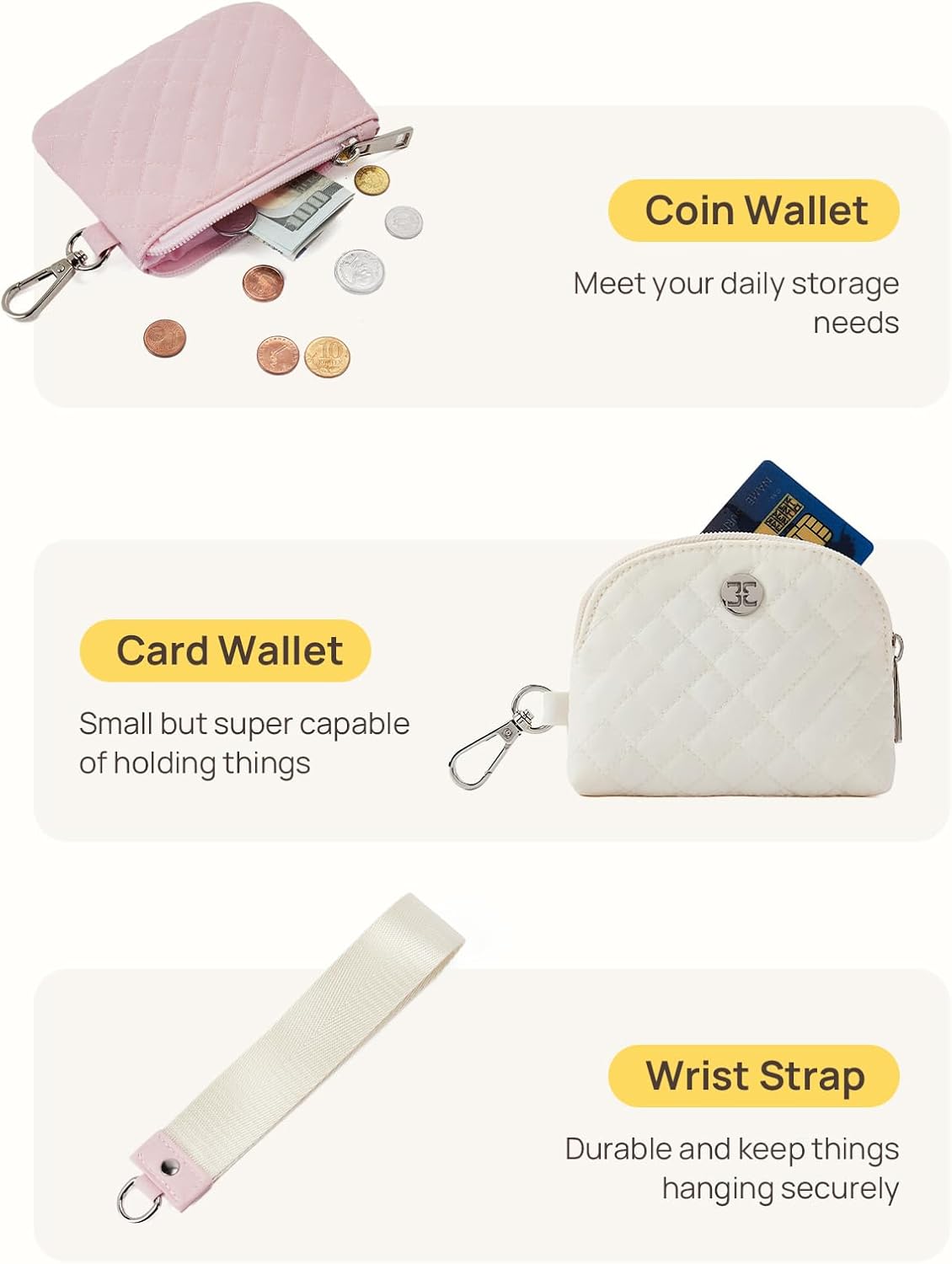 Telena Mini Zip Around Wristlet Wallets for Women Coin Purse Keychain Dual Pouch Wallet Beige Pink - Image 5