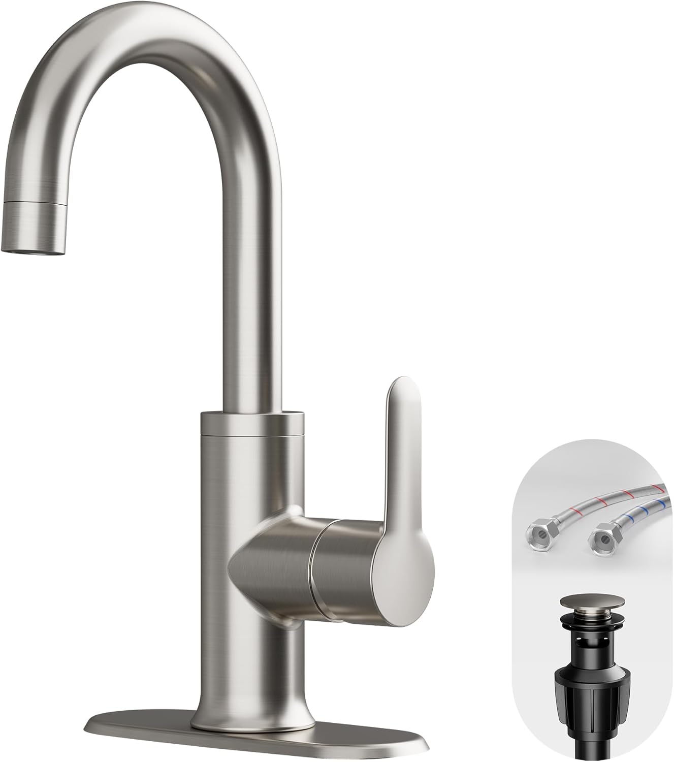 VXV Bathroom faucets Single Handle 360° Swivel Gooseneck Spout Optional Deckplate Bar Sink Faucet with Pop-up Drain and Hoses Brushed Nickel