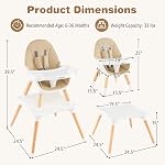 BABY JOY 6 in 1 High Chair, Convertible High Chairs for Babies and Toddlers/Booster Seat/Table and Chair Set, Infant Wooden Highchair w/ 5-Point Harness, 4-Position Removable Tray & PU Cushion (Khaki)