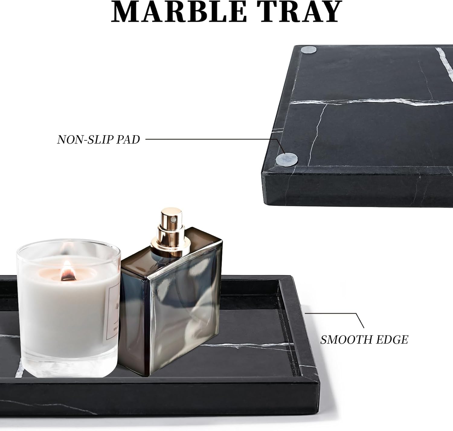 Amauto Natural Marble Vanity Tray Genuine Stone Storage Perfumes Tray Real Luxurious for Home Decor Bathroom/Vanity/Dresser Non-Resin/Non-Ceramic (Black)