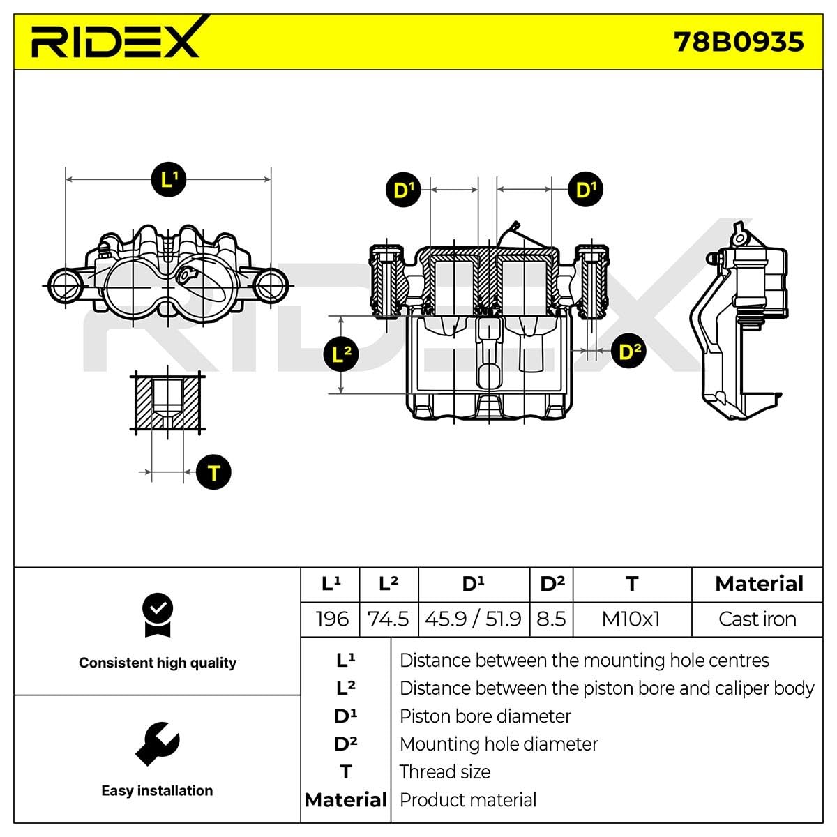 RIDEX 78B0935 Pinza de freno Delantero Izquierda Delantero con perno guía adicional con bastidor de soporte Compatible con FIAT Ducato Camión de plataforma/Chasis 250, 290