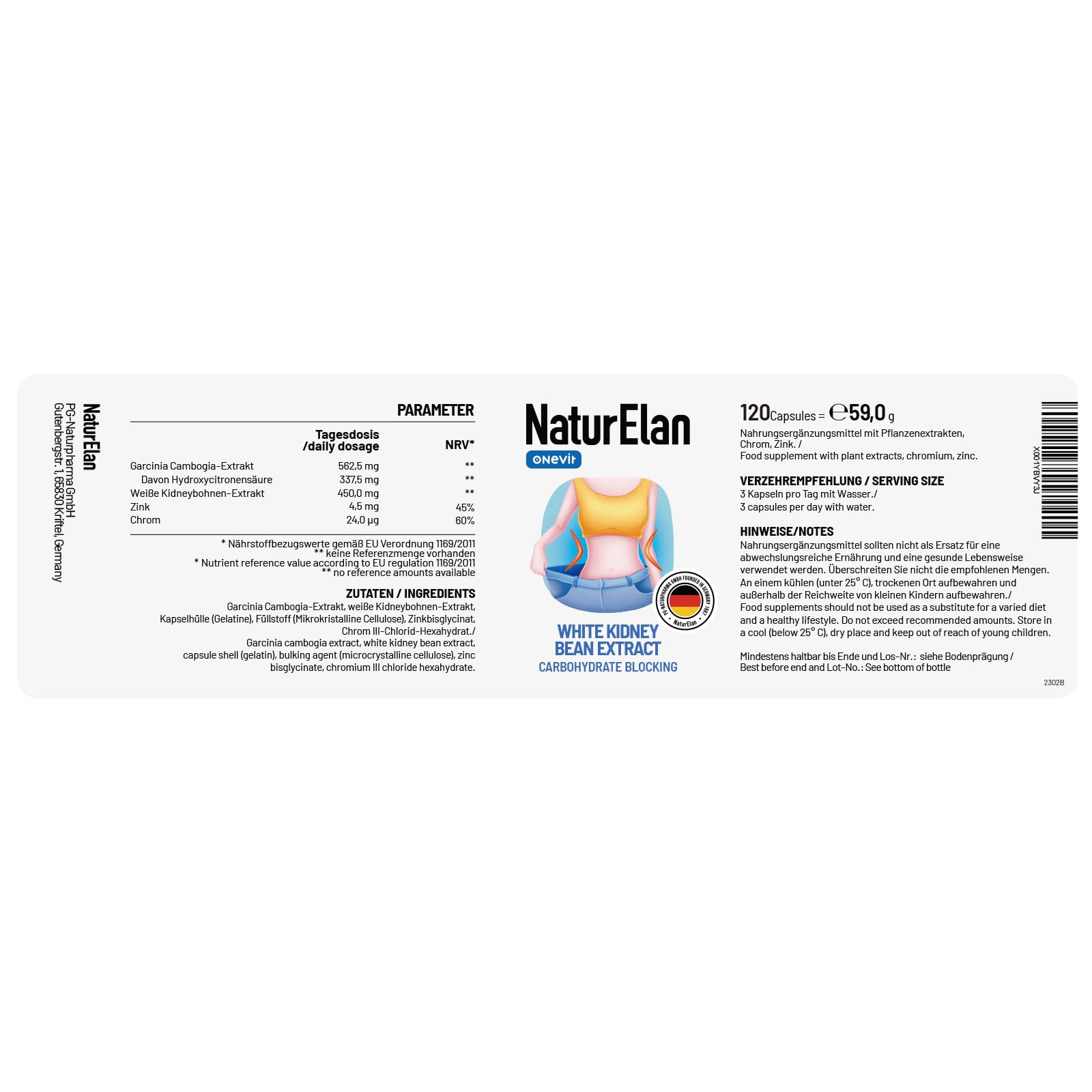 Stoffwechsel-Kapsel Unterstützung 4-in-1 - Hochdosiert mit Garcinia Cambogia-Extrakt, weiße Kidneybohnen Extrakt, Zink&Chrom, 120 vegan Kapseln
