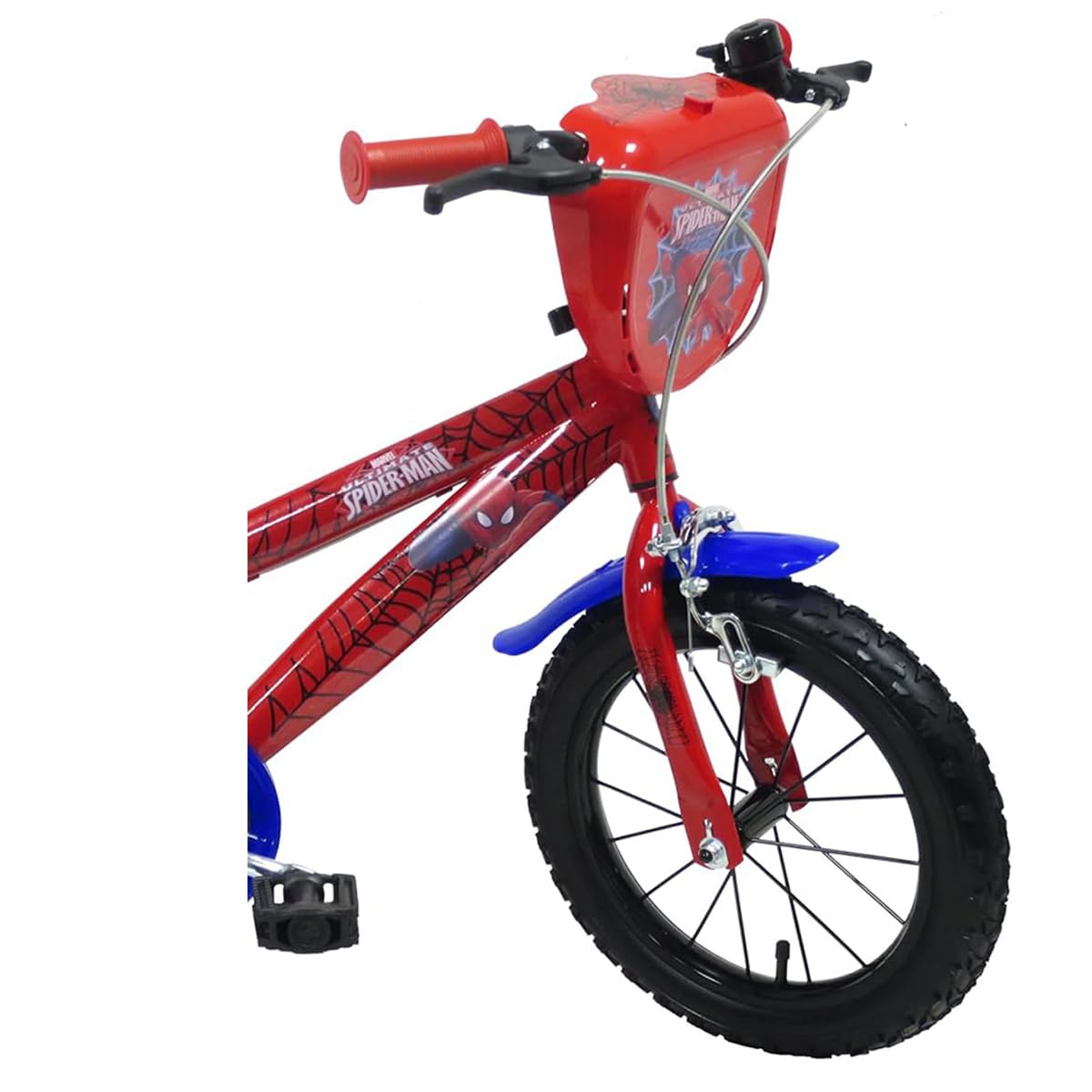 bicicletta da bambino con scudo anteriore, borraccia e stabilizzatori laterali di Spiderman misura 14 pollici