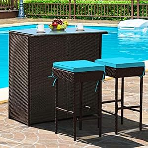 Tangkula Patio Bar Set, 3 Piece Outdoor Rattan Wicker Bar Set with 2 Cushions Stools & Glass Top Table, Outdoor Furniture Set for Patios Backyards Porches Gardens Poolside (Turquoise)