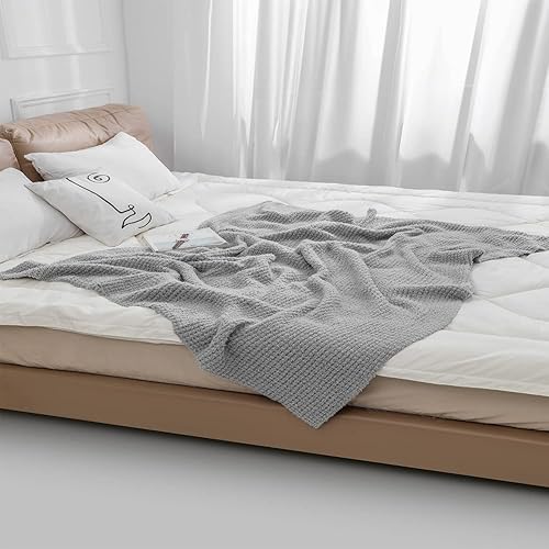 Miniatura 5 de Manta de punto súper suave, cálida y acogedora, con patrón de cuadros de gofre, ligera y esponjosa, para sofá, cama, silla, sofá, gris, 50 x 60