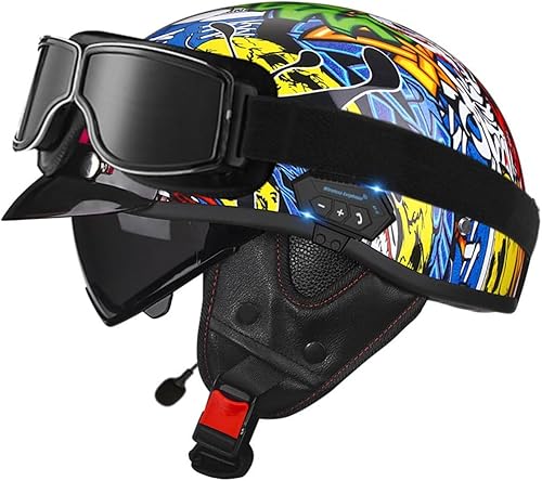 Miniatura 12 de Casco de cara abierta con Bluetooth para hombres y mujeres, casco retro de estilo alemán con diseño de calavera, visera con gafas, casco de media