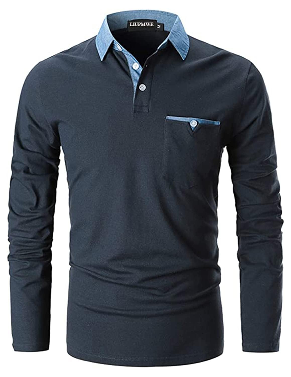 LIUPMWE Poloshirt Herren Langarm Slim Fit Denim Nähen Einfarbig Männer Golf Polo Shirts Baumwolle Polohemd