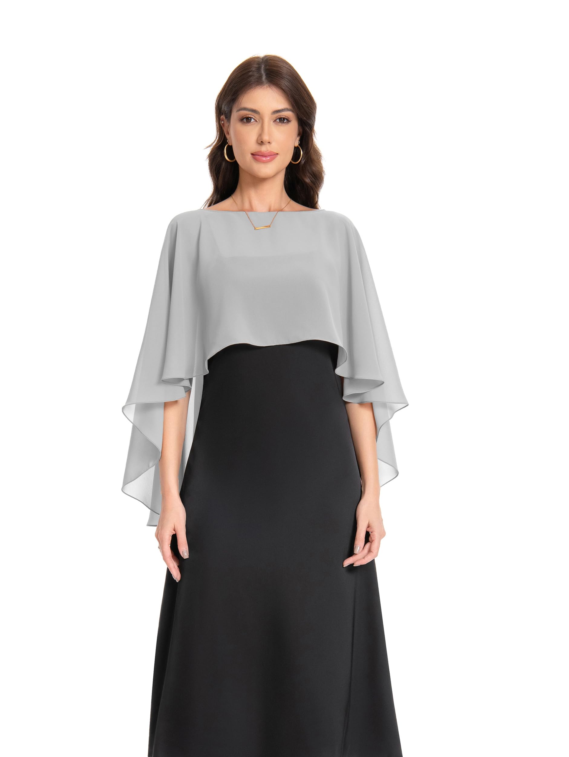 Chiffon Capes Soft Shawls and Wraps Capelets for Bridesmaid Wedding Formal Party Evening Dresses, Grey, One Size