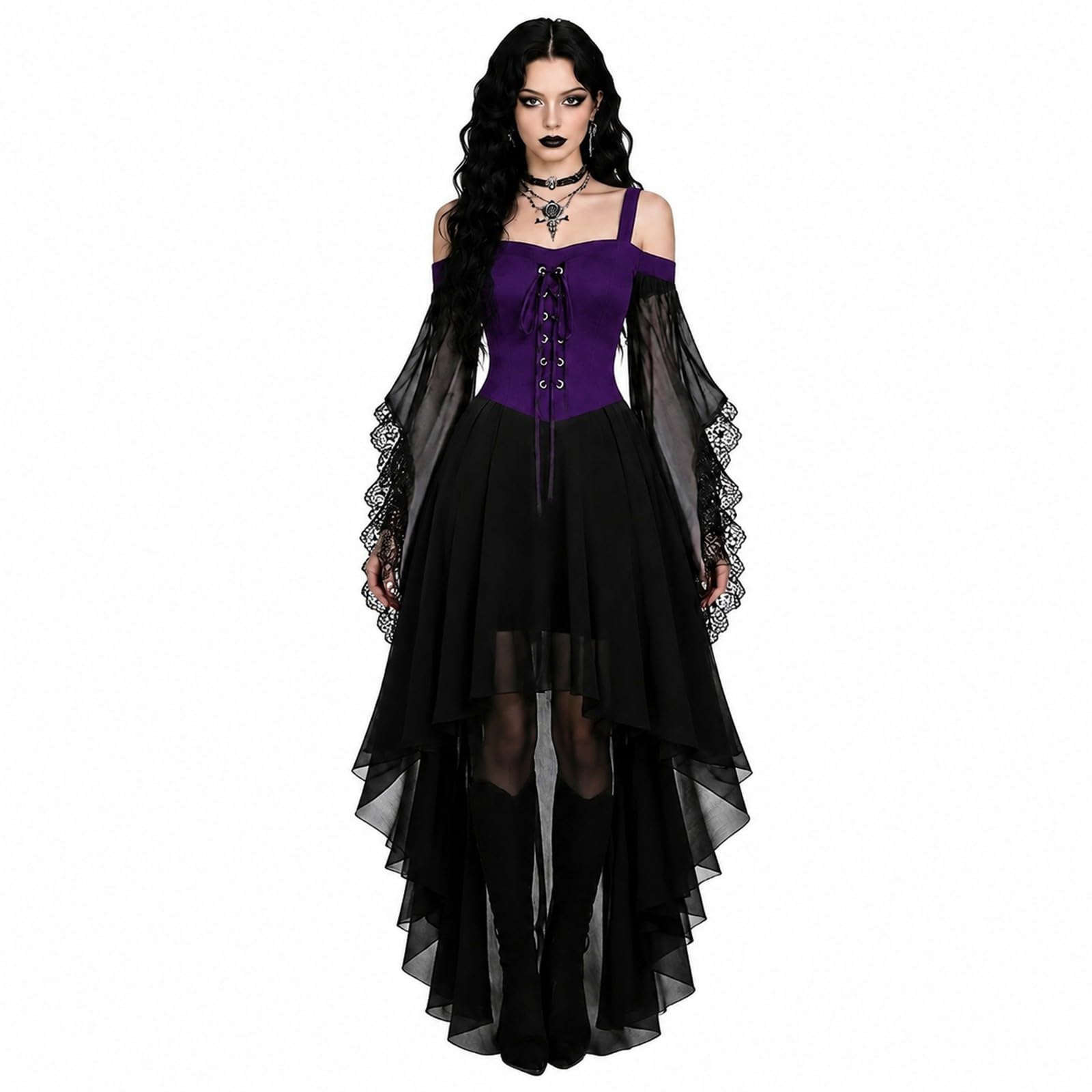 Halloween Costumes Adult Women Dresses Vintage Gothic Steampunk Lace Up Corset Medieval Renaissance Batwing Sleeve Plus Size Fancy Victorian Witch Cocktail Elegant Boho A-line Chiffon Cosplay