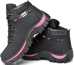 Adventure Bota Coturno Feminina em Lona Reforçada, Preto com Rosa, Cano Médio, Antiderrapante, Para Trilhas e Uso Casual, Solado Borracha, 33-44