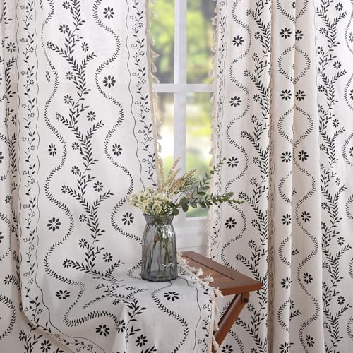 Image of Schweek Boho Tassels Curtains for Living Room 84 Inches Long 2 Panels Ivory | Linen Semi Sheer, Vintage Floral Printed Patterned, Rustic Farmhouse Curtain Drapes for Bedroom, Dining Room, Office 52 inchx 84 inch