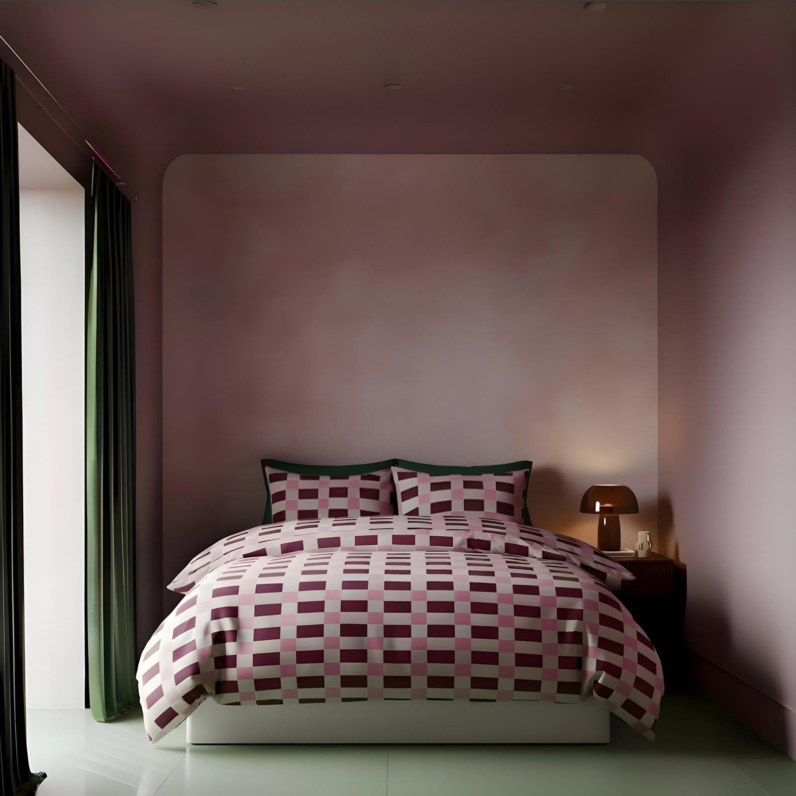Ohs Checkerboard Bedding Set Microfibre Duvet Cover With PillowcaseBurgundy/pinkDouble from B&Q