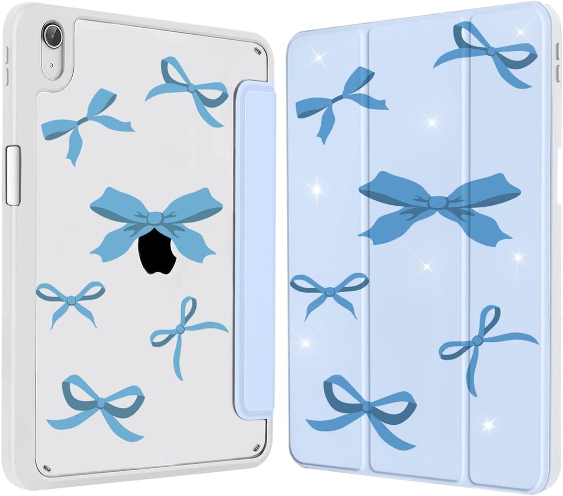 Case for iPad A16 11th 11 Inch 2025 / 10th Generation 10.9 Inch 2022, iPad 11/10 Gen Slim Shockproof Clear Transparent Back Protective Cover with Pen Holder,Auto Wake/Sleep, Bow Blue