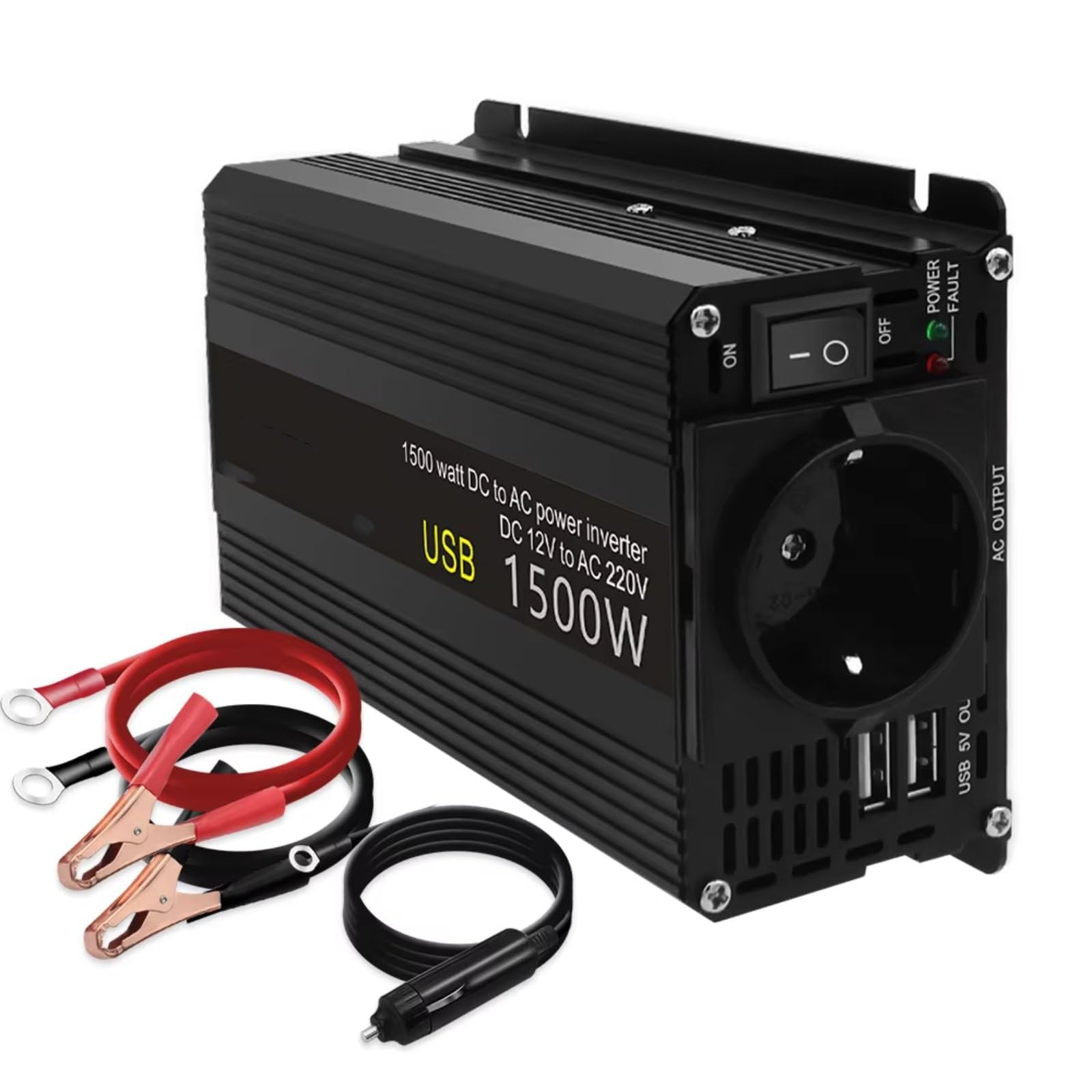 Convertisseur 1500 W Convertisseur Puissance DC 12 V vers AC 110 V/220 V 230 V Double USB Adaptateur Charg Convertisseur Solaire 12 À 220 V Convertisseur Pur Sinus(12V 220V EU Black)