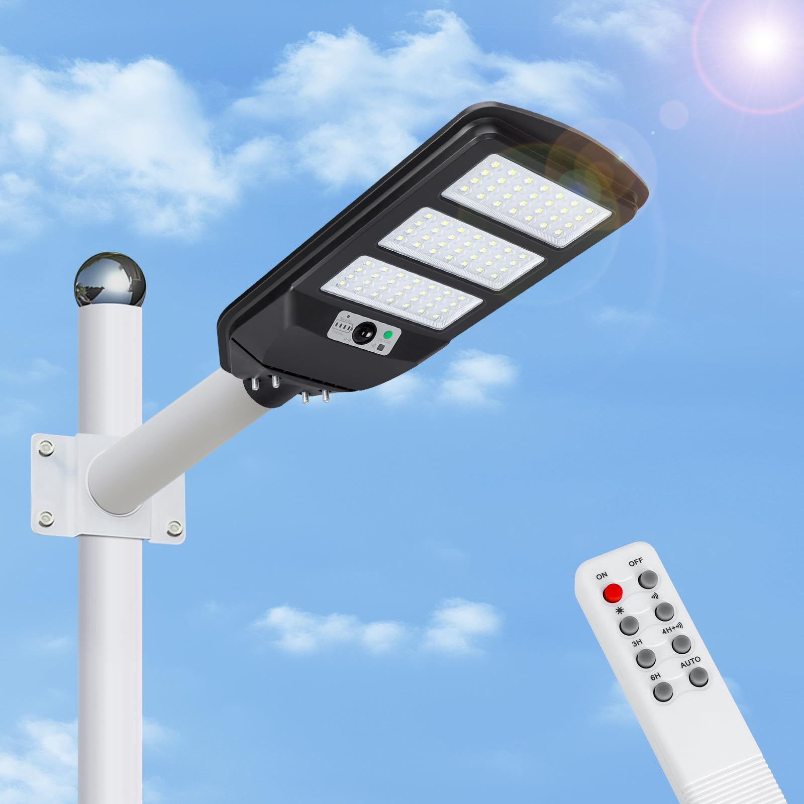 Aigostar - 150W Lampione Solare da Esterno con Sensore di Movimento, Telecomando, Impermeabile IP65, 1500LM Luce Fredda 6500K, Lampioni Solari LED per Giardino, Cortile, Strada (Non Include il Palo)