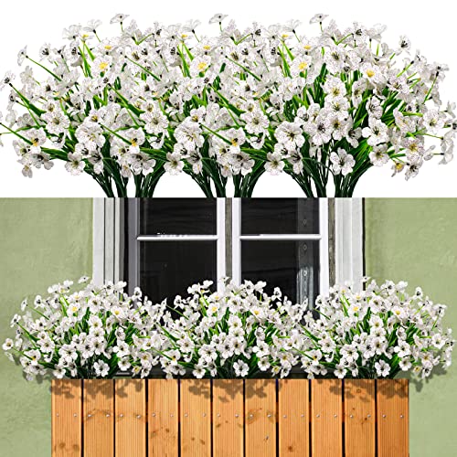 maoodoo 15 Bundles Artificial Flowers Outdoor UV Resistant Fake Silk Plants Plastic Faux Shrubs Outside Front Porch Window Box Garden Home Hanging Planter Decoration (White)