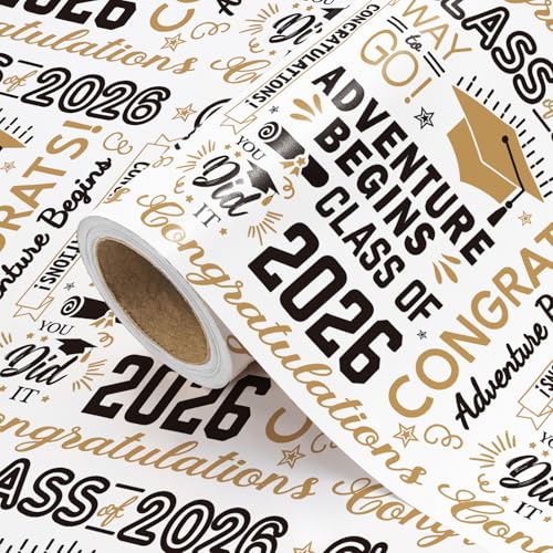 WRAPAHOLIC Graduation Wrapping Paper - Mini Roll - 17 Inch x 16.5 Feet - Elegant White and Gold Graduation 2026 Wrapping Paper for Class of 2026 Senior School Gifts Party Celebration