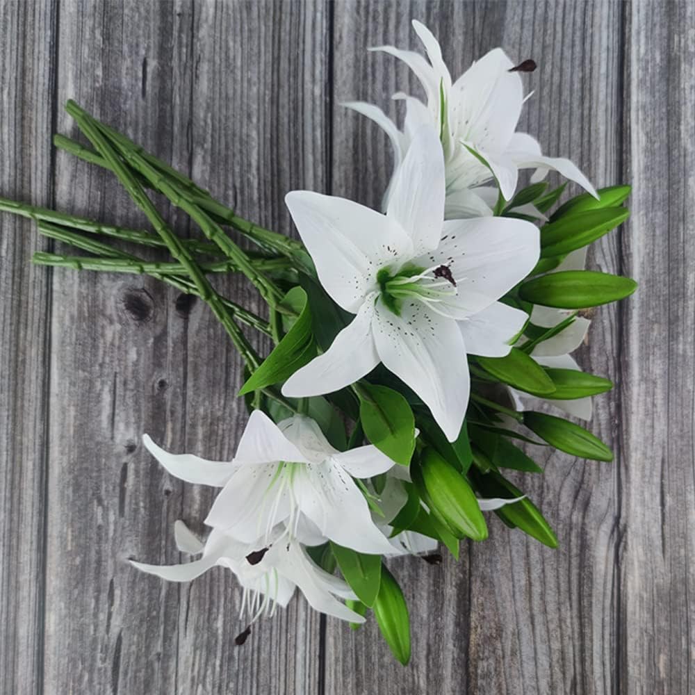 7 Pcs Artificial Lily Flowers Artificial Lilies Flowers for Home Wedding Bouquets Home Hotel Party Decor Graves Arrangement (White) - Image 4