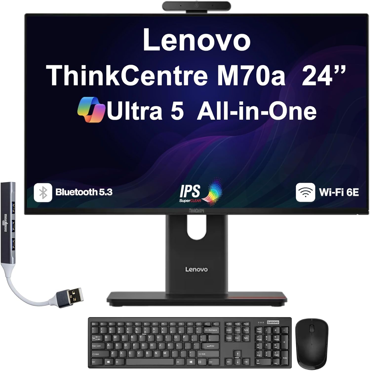 Lenovo ThinkCentre M70a Business All-in-One 24" IPS FHD Display (Intel Ultra 5 245T vPro, 32GB DDR5, 1TB PCIe SSD, Intel Graphics, WiFi 6E, Webcam, Bluetooth 5.3, Win 11 Home) w/DKZ USB Port Expander
