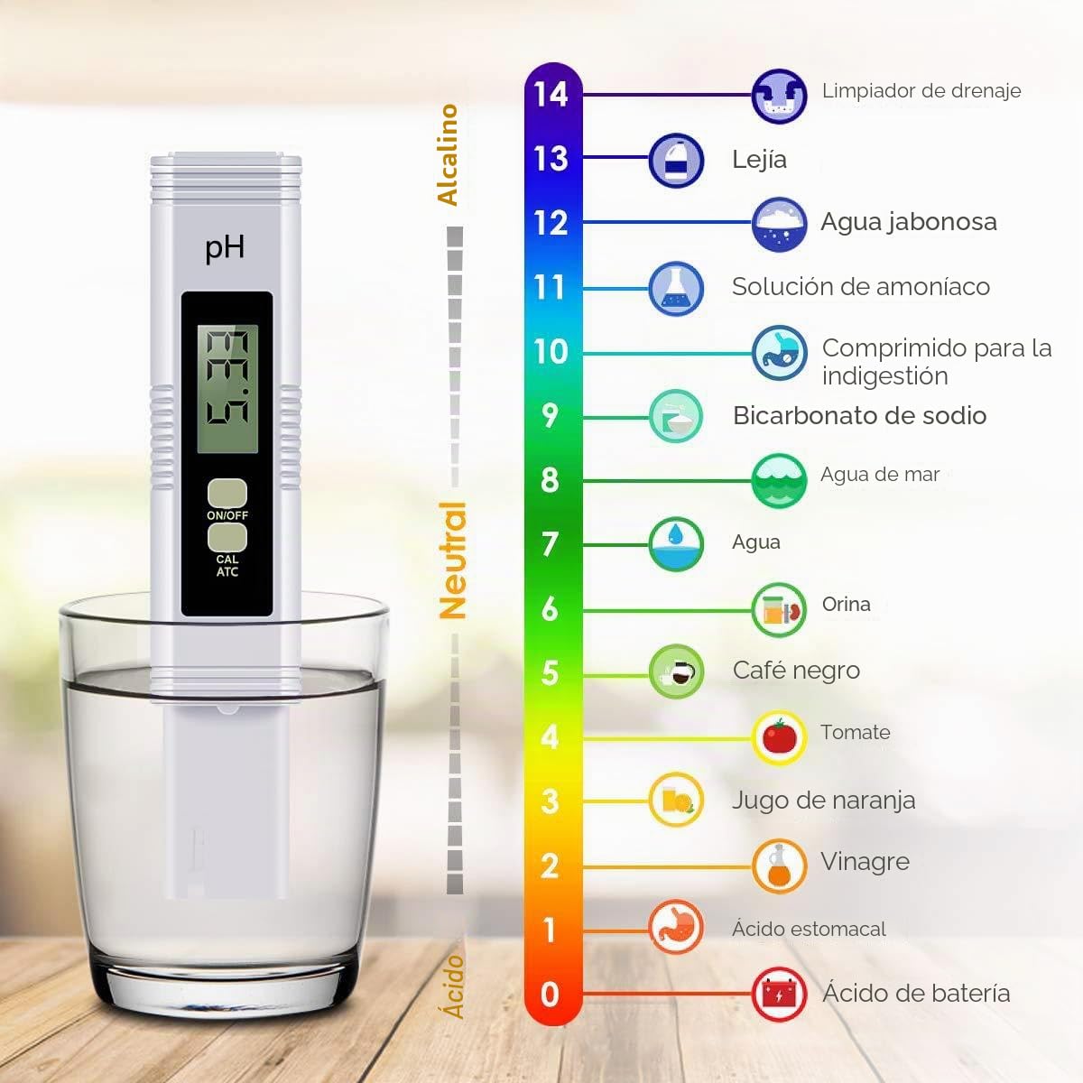 Medidor de pH Digital 0-14 para Agua, Piscina, Acuario, Hidroponía