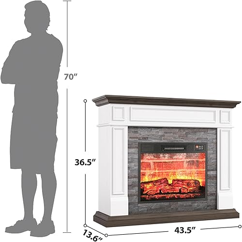Miniatura 8 de LGHM Chimenea eléctrica de 44 pulgadas con chimenea, calentador de estufa de leña portátil independiente, efecto realista de llama bailarina 3D y