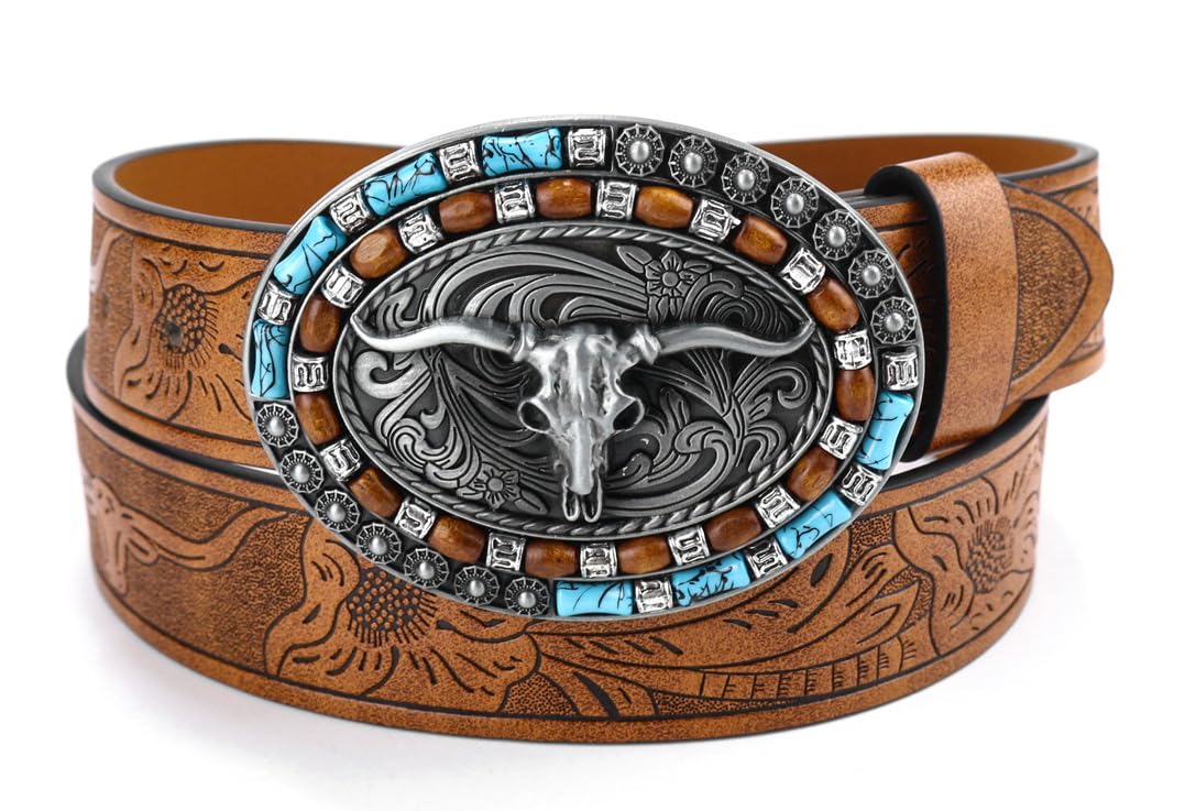 Mens-Western-Cowboy-Belt - Longhorn-Bull-Pattern-Buckle-Belt Floral-Engraved-Buckle-Belt Fit 25" to 38" Waist
