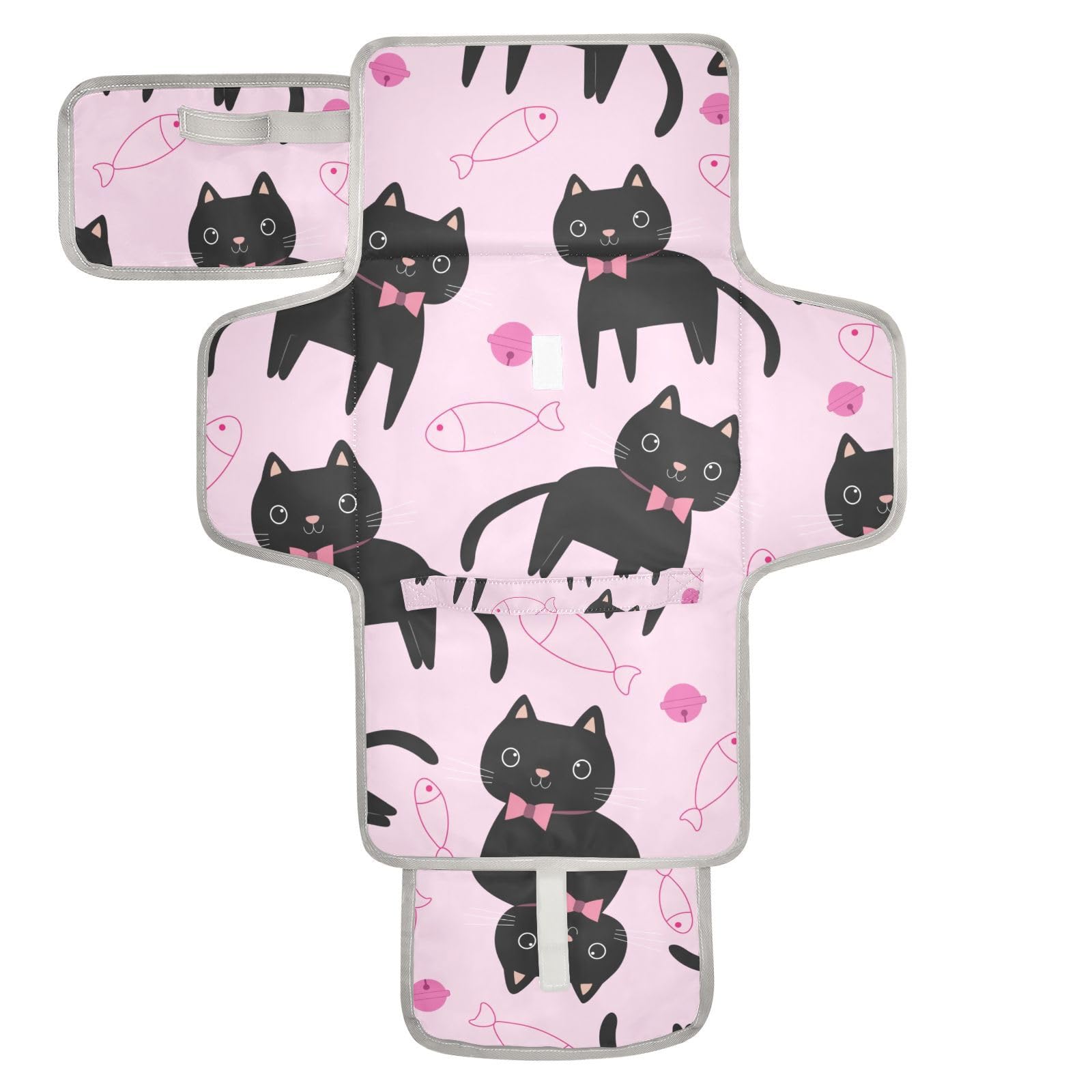 OTVEE Portable Changing Pad Cute Black Color Cats on Pink Diaper Changing Pad for Baby Foldable Changing Mat with Built-in Pillow