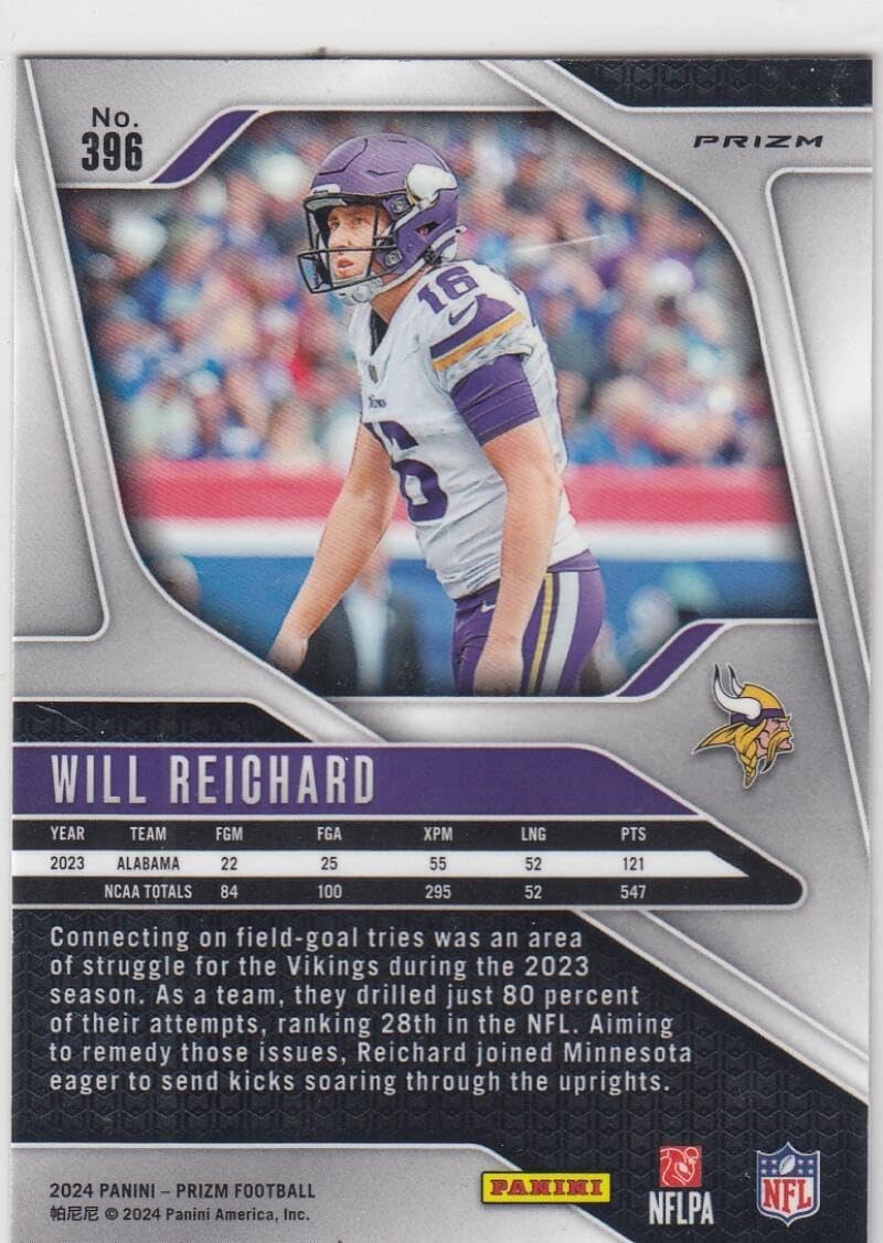 Football Trading Card 2024 Panini Prizm Prizm Red Sparkle #396 Will Reichard EX/NM RC Rookie Vikings