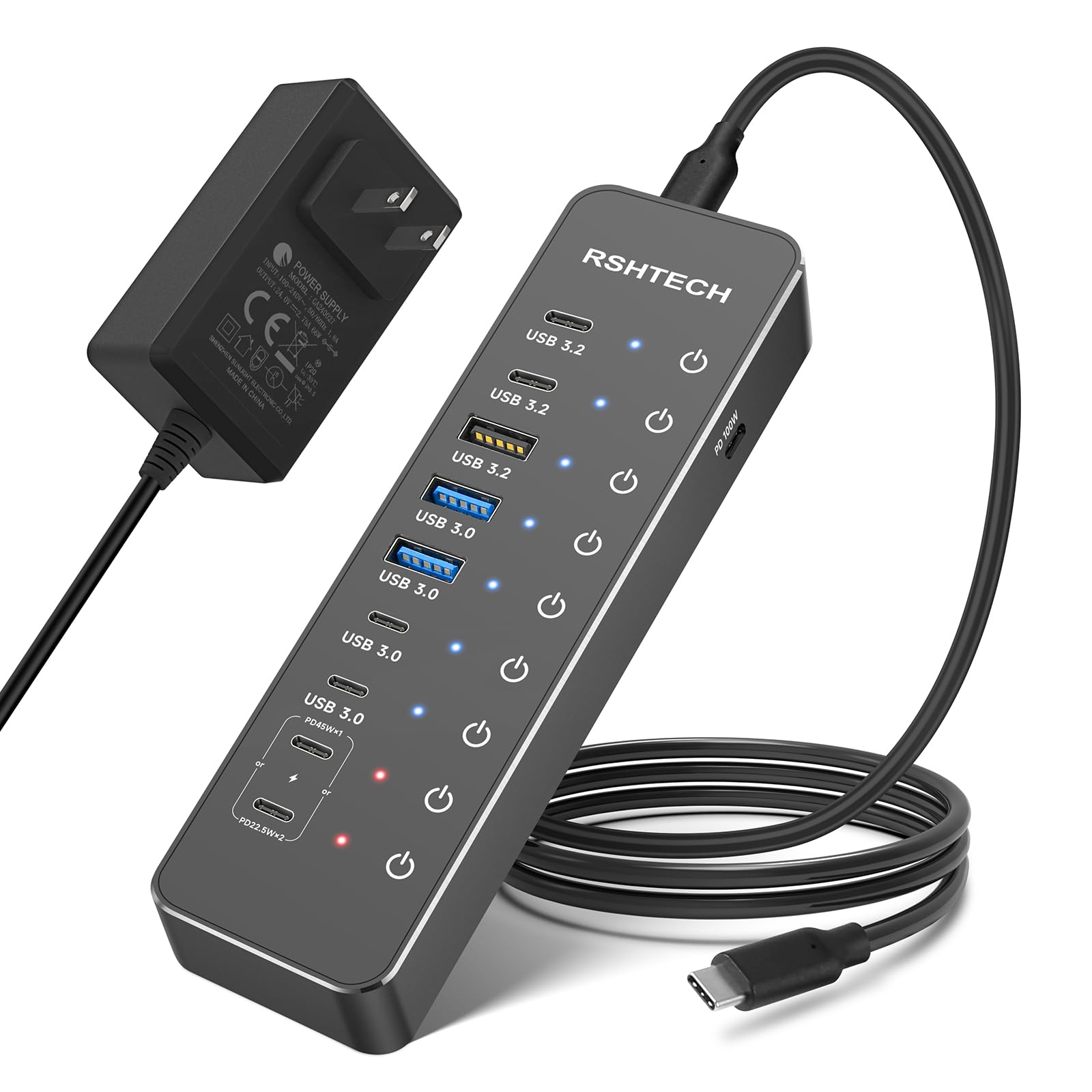 RSHTECH USBハブ 10Gbps 10ポート＋Smart充電3ポート搭載…