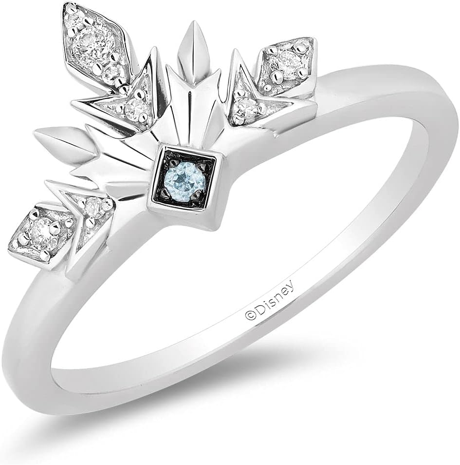 Jewelili Enchanted Disney Fine Jewelry Sterling Silver 1.5MM Round Cut Swiss Blue Topaz and 1/5 Cttw Natural White Round Diamonds Frozen 2 Elsa Snowflake Ring