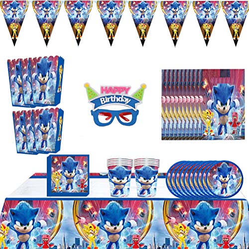 PiliStar Sonic Cumpleaños, 59 Piezas Sonic Fiestas Decoración , Incluye Servilletas, Mantel, Bolsa de Regalo, Banderines para 10 Niños Niñas y Niños Cover
