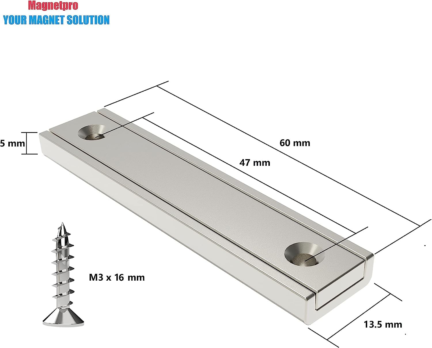 Magnetpro Set di 2 magneti rettangolari - Forza di 30 kg - 60 x 13,5 x 5 mm - Con foro e capsula in acciaio - Magneti in pot domestici e industriali con vite